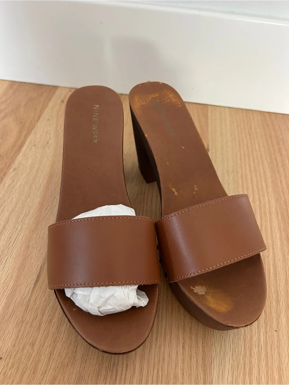 Nine West Tan Leather Platform Slide Sandals